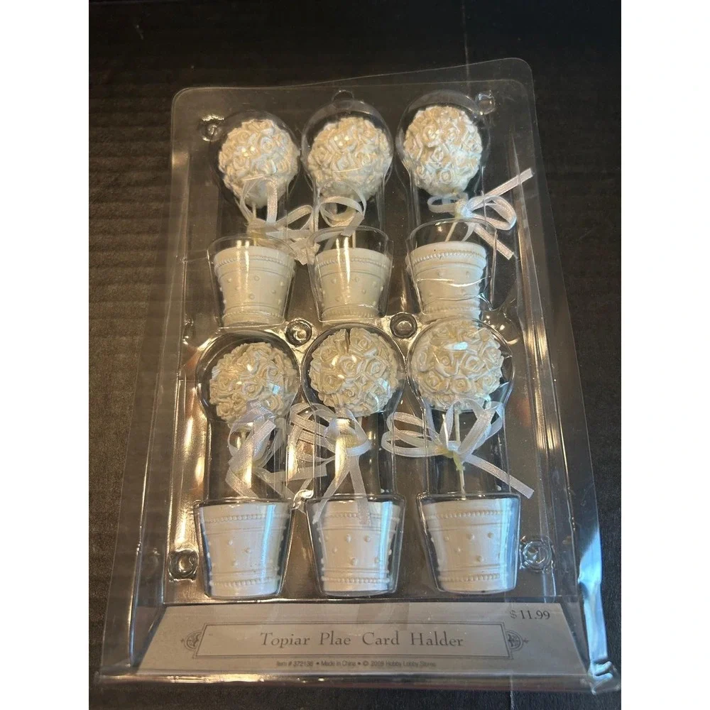 6 Flower Pot White Topiary Roses Name Place Card Holders Party 3.75